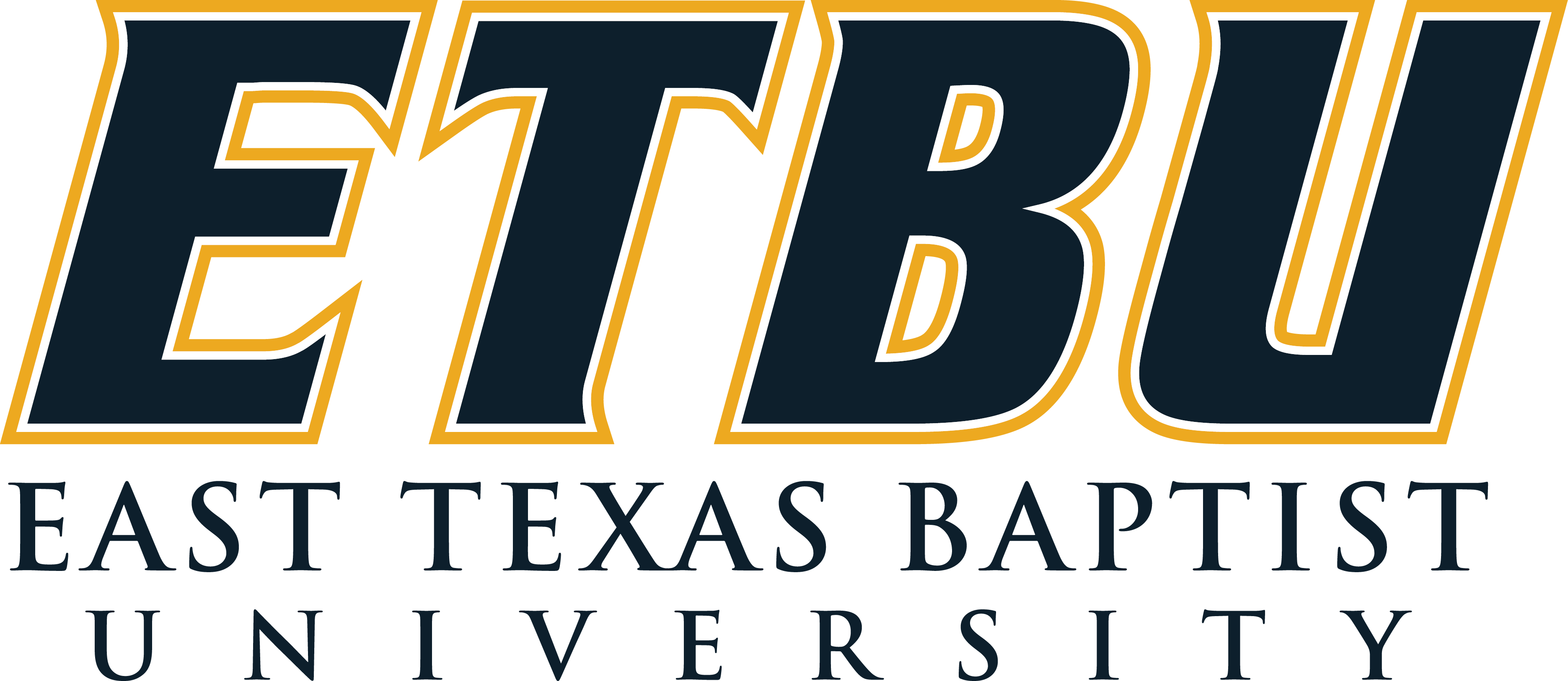 The image shows the logo of East Texas Baptist University (ETBU) in bold, navy-blue letters outlined in gold, with the full university name written below in smaller capital letters.