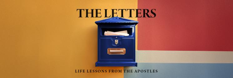 A blue mailbox on a background of yellow, red, and light blue with the text "THE LETTERS: LIFE LESSONS FROM THE APOSTLES."