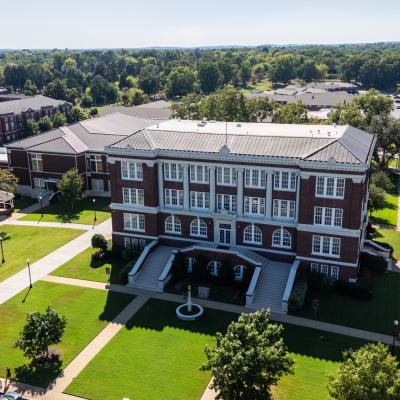 Aerial shot of Marshall Hall positioned at the center of ETBU's Campus
